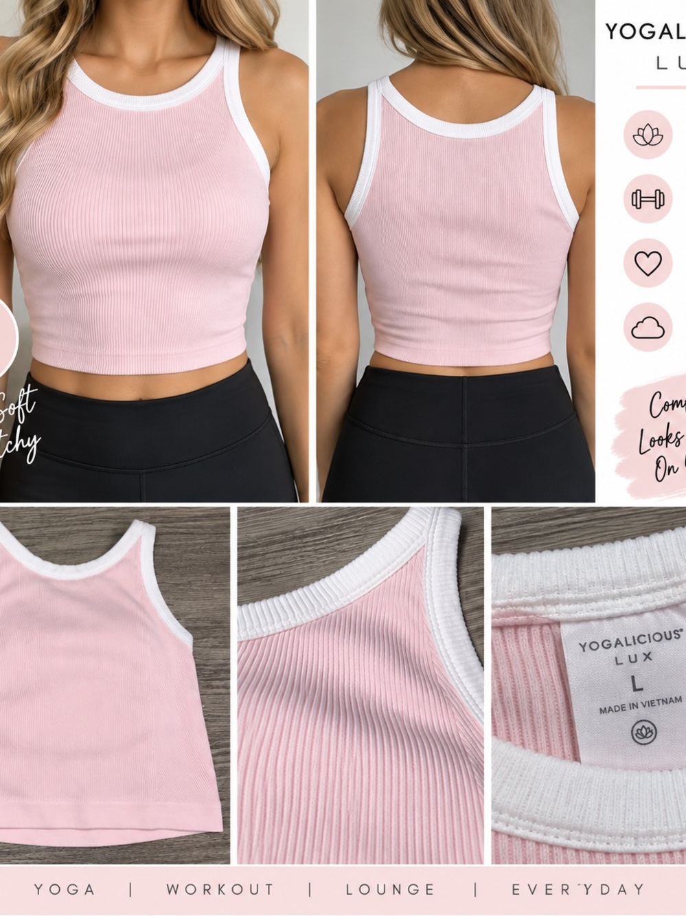 Yogalicious Pale Pink Ribbed Cropped Tank with White Trim